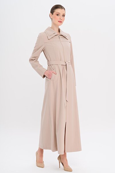 Olcay Zippered Lined Overcoat with Metal Accessories Bej 6722