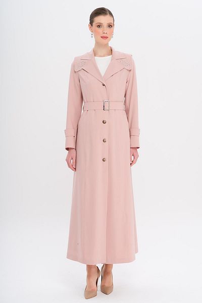 Olcay Cloak and Sleeve Mouth Stone Detailed Lined Top Coat Pudra 6746