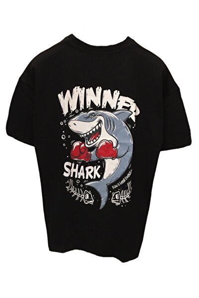 Olympus plus Unisex Oversize kroj Winner Shark Back Štampano crna majica