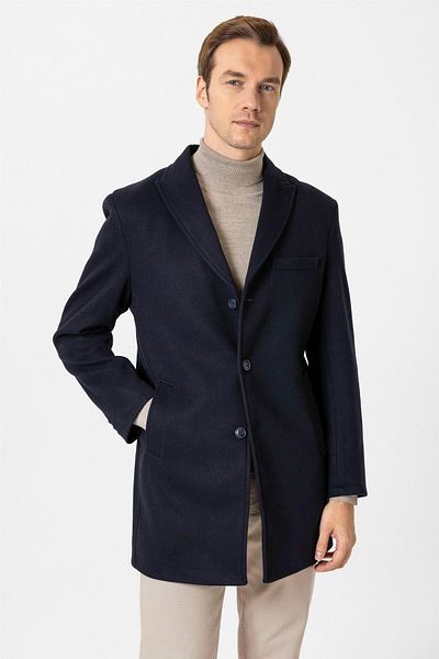 SÜVARİ Μπλε Navy Slim Παλτό με ίσιο μυτερό γιακά
