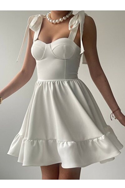 vuvutasarım Λευκό Μίνι Φόρεμα - Ύφασμα Atlas, Στήριγμα στήθους, Δέσιμο λουράκι, Flared Design 236