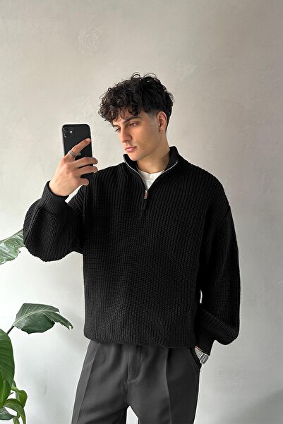 Flaw Wear Half Zip Yarım Balıkçı Triko Kazak Siyah