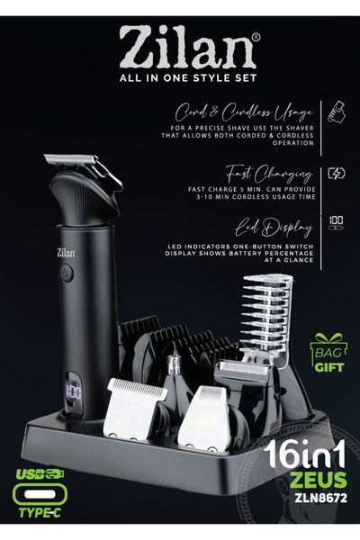 Zilan Zln8672 |   Strojek na holení vousů a chloupků na těle |   Zeus – Rychlé nabíjení |   LED |   Kabelové |   Bezdrátové