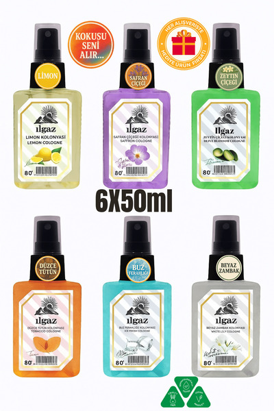 ILGAZ Zeytin Çiçeği & Safran & Beyaz Zambak & Tütün & Limon & Ice Fresh Kolonya 50 ml | Elegance 6'lı Set