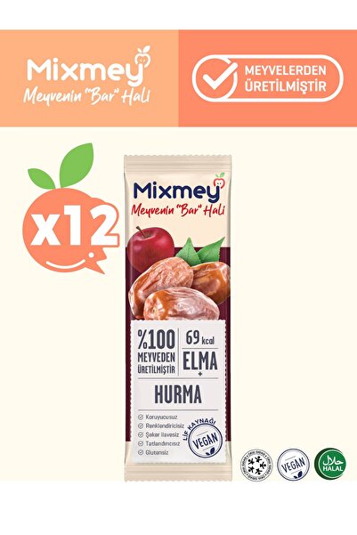 mixmey Hurma Meyve Barı 12 Adet | Sağlıklı Atıştırmalıklar – Vegan, Glutensiz, Koruyucusuz (20GR X 12 ADET)