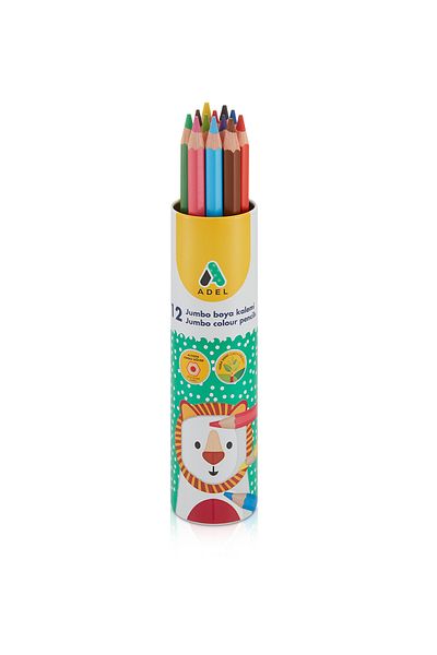 Adel 12Pcs Metal Tube Jumbo Hexa Full Size Crayons, High Quality Enamel, Triangular Body, Bright Colors