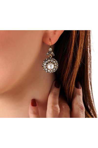 Atelier LEO Handmade Jewellery Royal Face Pearl Copper Handmade Crystal Stone Blackening Free Women's Earrings Special Boxed
