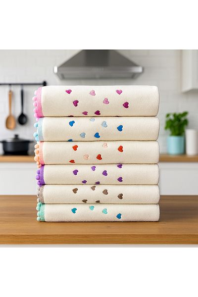 AYHANHOME Set of 6 30x50 Kitchen Towels with Pompom and Heart Embroidery