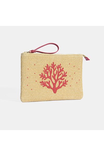 Desa Red Coral Embroidered Straw Clutch