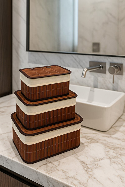 Tuğrastore 3 lü Kapaklı Bambu Depolama&Organizer Sepeti 36X26X17 cm