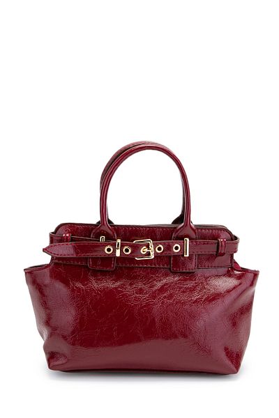 minebag Belt Detailed Faux Leather Women's Crossbody Bag Despina Claret Red