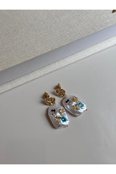 LEROSY CO Barok İnci Detaylı Altın Kaplama Renkli Taşlı Küpe