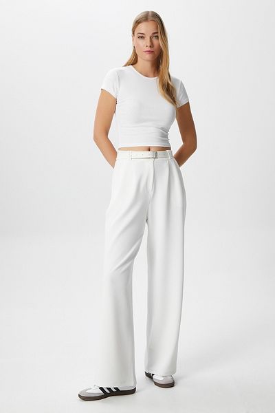 Ritnice Women's Rena Belted Lycra White Palazzo Trousers