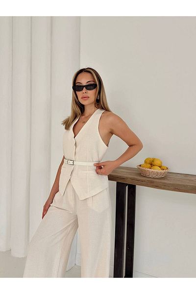 Haticepalas Stone Color Belt Detailed Vest Pants Suit