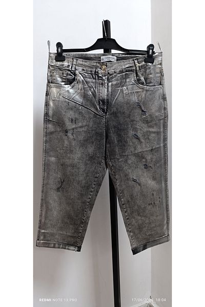 AKŞEN GİYİM Plus Size Full Lycra High Waisted Snow Washed Foil Printed Denim Fabric Capri