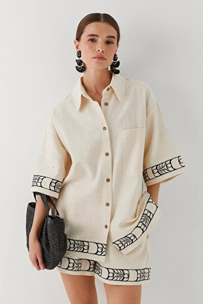 BRTC design Women's Cream Linen Ethnic Pattern Detailed Short Sleeve Shirt Shorts Set