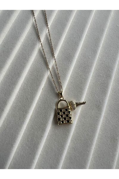 Goche Bijuteri Gingham Zircon Stone Steel Necklace (Lock Model)