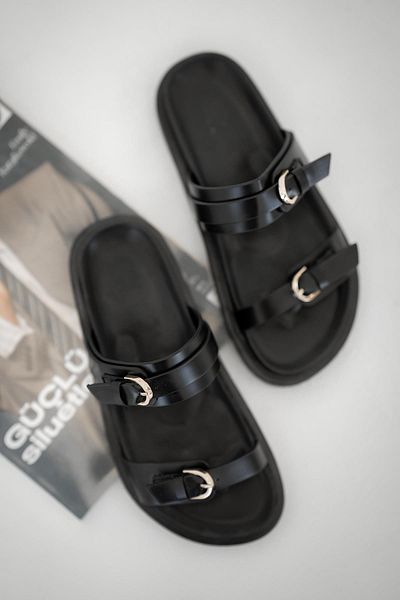 Parponi Bankok Women's Flat Sole Buckle Slippers Black