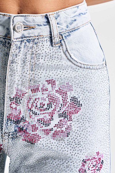 its basic Blugi de damă, culoare 4s5-80, cu croială dreaptă, cu detaliu de trandafir, 100% bumbac, design denim