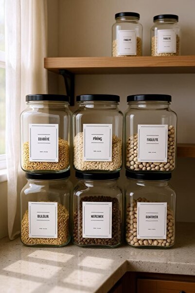 SİDERDESİNG Siderdesign 1600ml Black Glass Jar - 6 Pieces Pulses with Lid