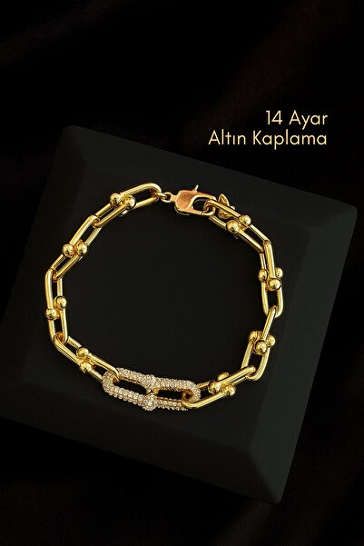 Çayla Kadın Bileklik - 14 Ayar Altın Kaplama Aşk’ın Zinciri Tasarım Taşlı Kalın Zincir Gold Bileklik