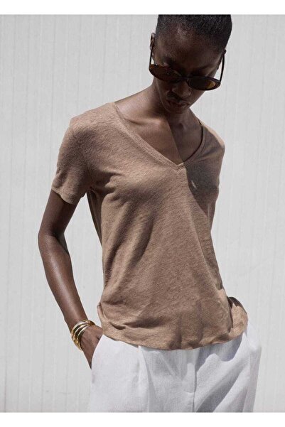 MANGO Woman V yakalı keten tişört