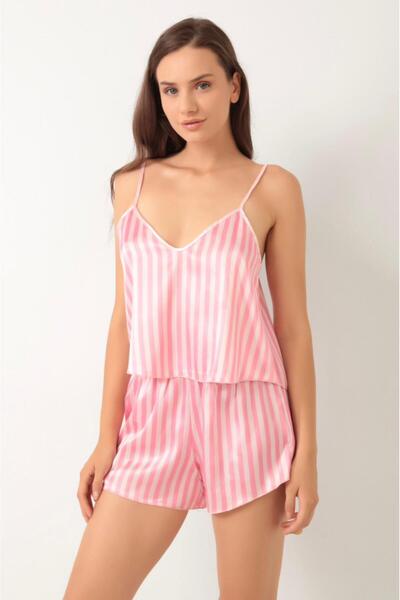 Genel Markalar Desenli Ve Düz Saten Askılı Şortlu Takım Şık Pijama-Gecelik ve...