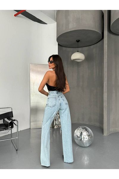 DENİKK Trend Special Design Stoned Wide Leg Palazzo Jean Denim Ripped Detail Παντελόνι
