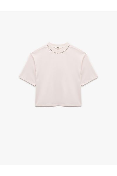 Koton Three Thread Cotton Short Sleeve Crew Neck Bead Detailed Rhinestone T-Shirt