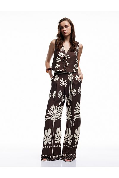 Koton Lined Linen Blend Bow Detail V-Neck Floral Crop Vest