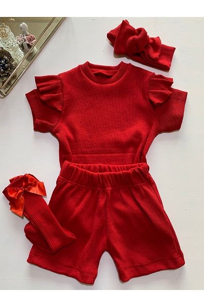 özge başaran Red Shorts & T-Shirt, Bow Red Socks Corded Fabric Girl's and Baby's 3-Piece Clothing Set