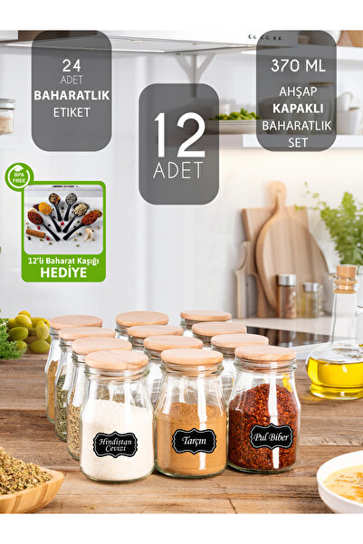 LUX ET AMOR 12’li 370 ml Cam Baharatlık Seti | Vakumlu Ahşap Kapak & Etiket Ve Mini Kaşık Hediyeli