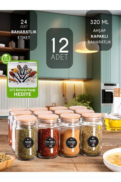 LUX ET AMOR Set of 12 Glass Spice Jars 320 ml |   Wooden Lid, Spoon & Tag