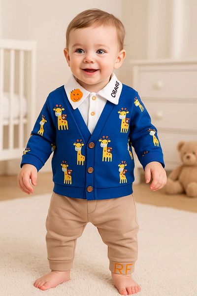 Babydonat طقم مكون من 3 قطع للأطفال الأولاد - نمط الزرافة، ياقة القميص