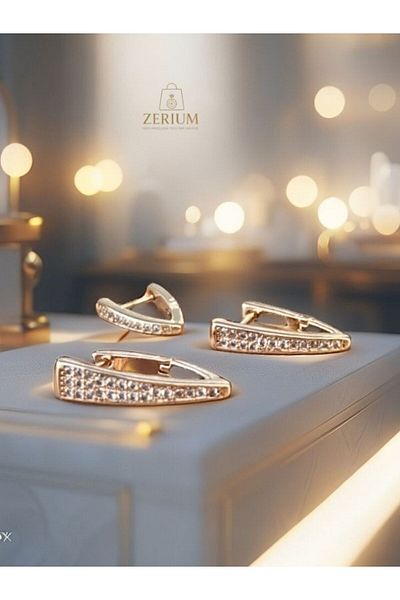 ZERİUM Premium Stone Embroidered Triangle Geometric Earrings Set