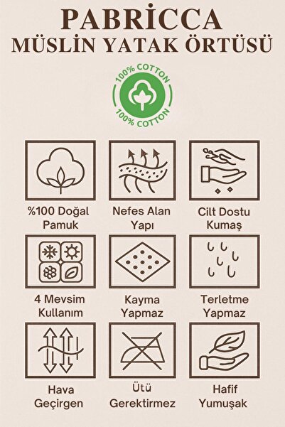 PABRICCA COLLECTIONS. %100 ORGANİK PAMUK ÇİFT KİŞİLİK 2KAT MÜSLİN YATAK ÖRTÜSÜ