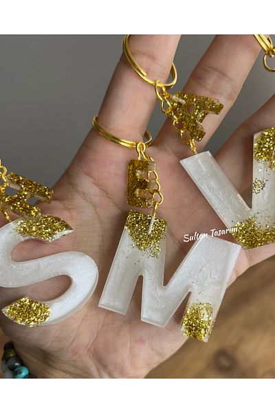 Sultan Tasarım White Pearlescent Gold Glitter Tiny Letters - Number Keychain Set