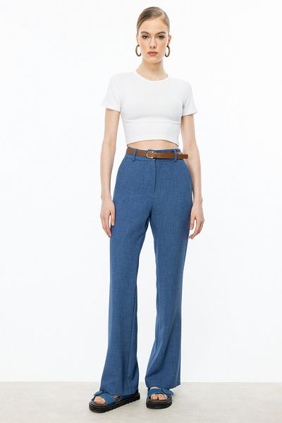 On Fashion Ten Belted Wide Leg Trousers Indigo-54145