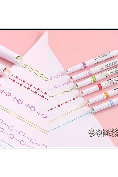Yeni1Trend Patterned Cylinder 6 Shape Drawing Pen 6 Pieces Linear Color
