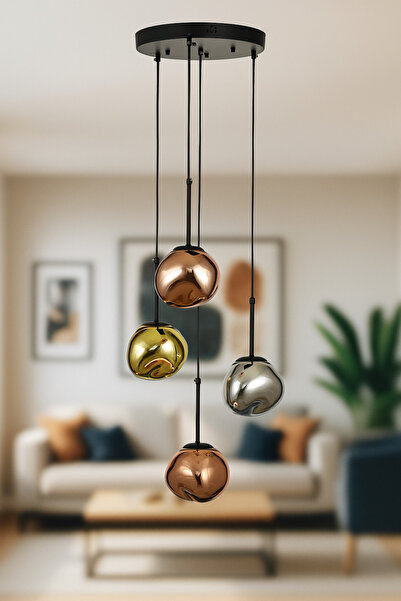 Avizemoda Rainbow 4 lü Asimetrik Desen Camlı Dekor Aydınlatma İçin Modern Sarkıt Avize - (Loş ışık verir)