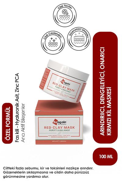 Reagain Moroccan Red Clay Mask - Pore Refining, Sebun Balancing Face Mask - Oily and Combination Skin