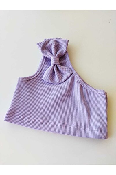 HEREN Tek Omuz Crop Bluz %100 Pamuklu Fitilli Esnek Kumaş Lila