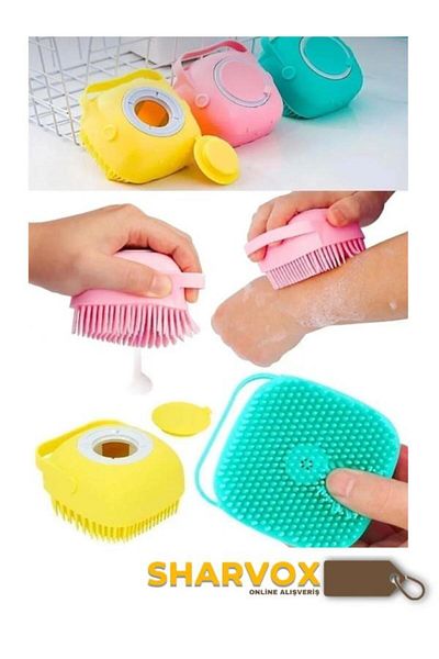 Sharvox Bath Loofah with Silicone Brush Shower Gel Reservoir Multi-Purpose Body Cleansing Scrub Exfoliating Bath Loofah