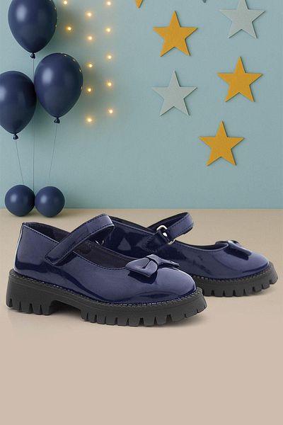 Rakerplus Navy Blue Patent Leather Thick Sole Velcro Girls' Ballerinas
