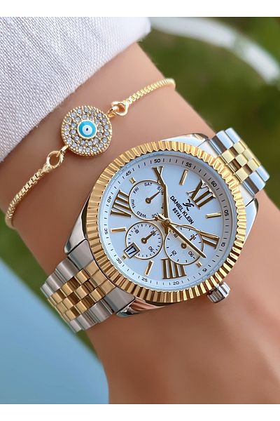 Daniel Klein Yellow Silver Colored Women's Wristwatch and Bracelet Gift