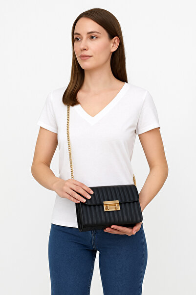 Mesisa Kadife Görünümlü Siyah Kadın Omuz Çantası – Altın Zincirli & Düğmeli Ş...
