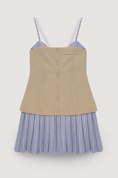 Quzu Bustier Blouse Garnished Pleated Mini Dress Beige