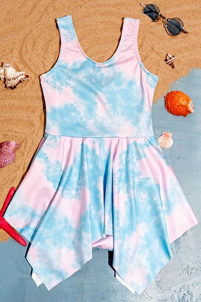 Minipodyum Batik Patterned Girl's Skirted Swimsuit Light Blue
