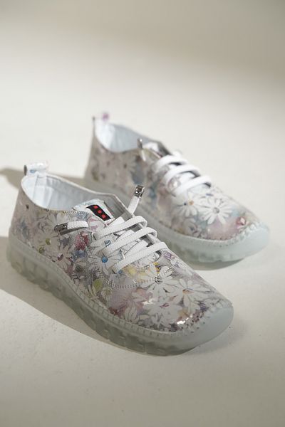lovitto Colorful Printed White Soft Sole Inside and Outside Genuine Leather Women's Shoes