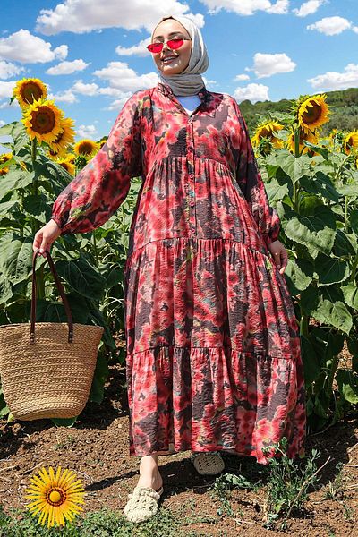 LOCCO Burgundy Cloud Patterned Women's Dress